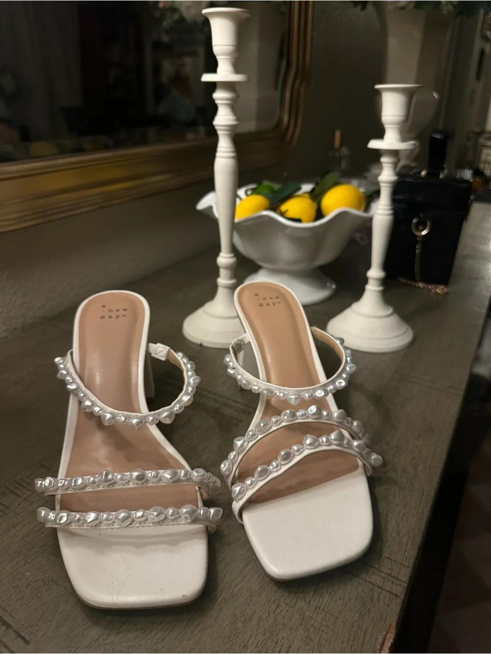 a new day White Pearl-Strap Square Toe Heeled Sandals